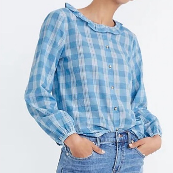 Madewell Women Ruffle-Neck Top in Colwell Plaid long sleeve shirt M - Picture 7 of 7